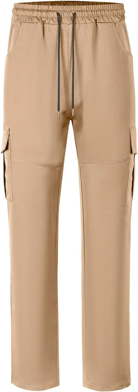 Men's Cargo Pant Elastic Drawstring Waist Straight Leg Pants with Pockets Casual Water Resistant Tapered Trousers