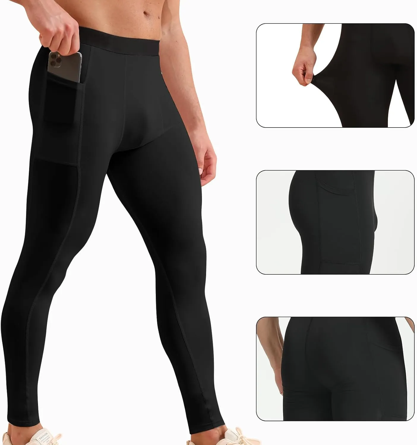 Men??s Compression Pants with Pocket Athletic Running Tight Phone Pockets Leggings Workout Base Layer Underpants