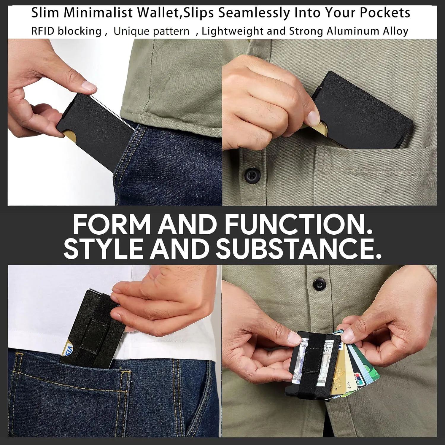 Minimalist Carbon Fiber Wallet for Men, Money Clip Cash Strap Wallet, RFID Blocking Metal Wallet Aluminum Card Holder,Front Pocket Wallet