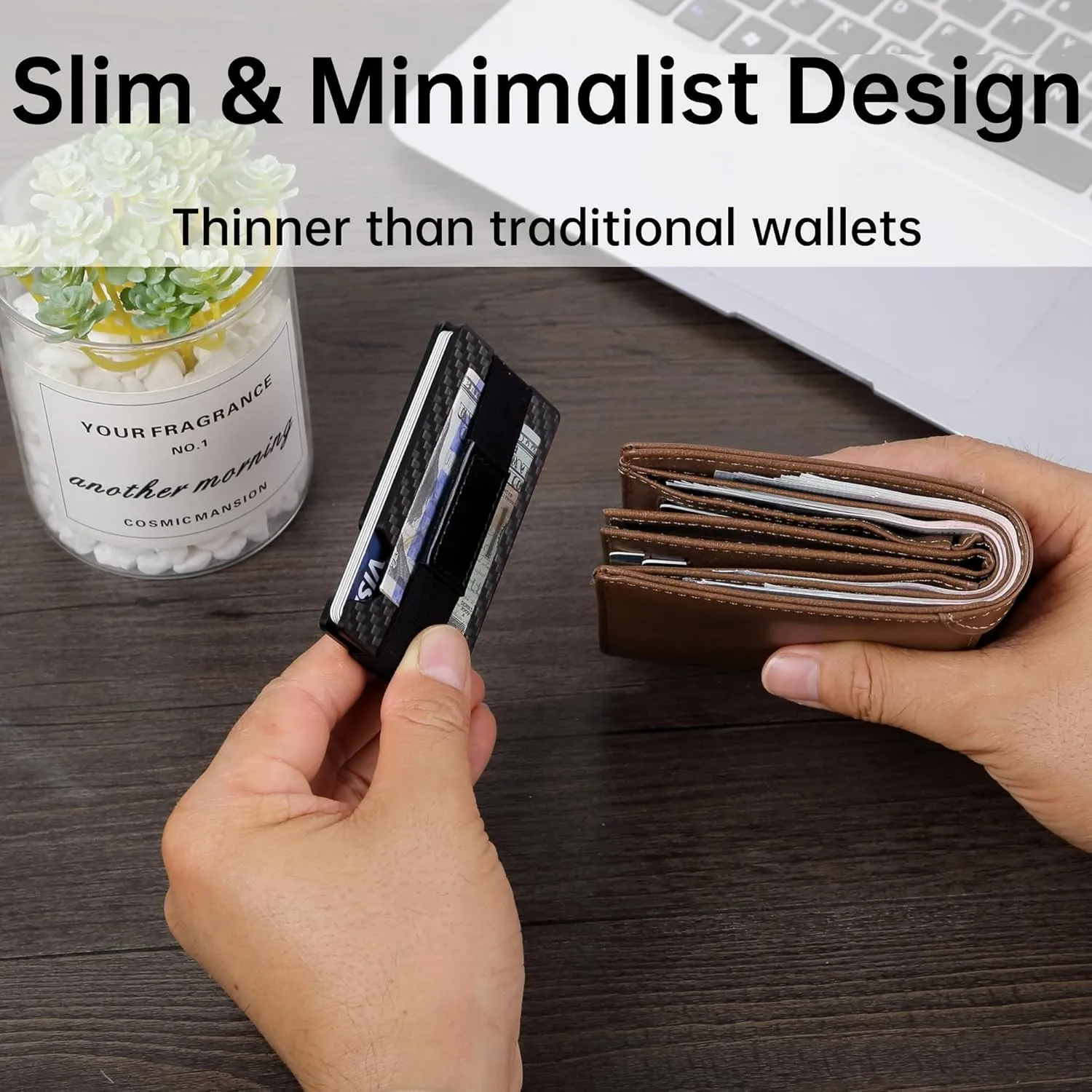 Minimalist Carbon Fiber Wallet for Men, Money Clip Cash Strap Wallet, RFID Blocking Metal Wallet Aluminum Card Holder,Front Pocket Wallet