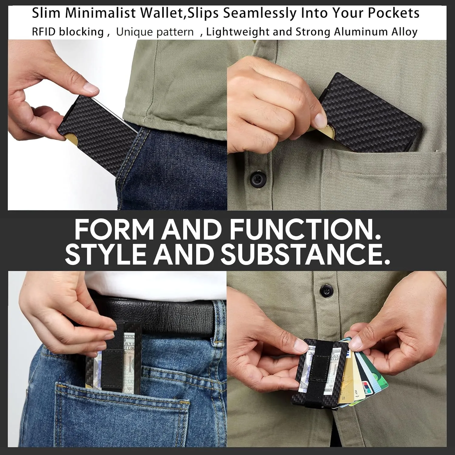 Minimalist Carbon Fiber Wallet for Men, Money Clip Cash Strap Wallet, RFID Blocking Metal Wallet Aluminum Card Holder,Front Pocket Wallet
