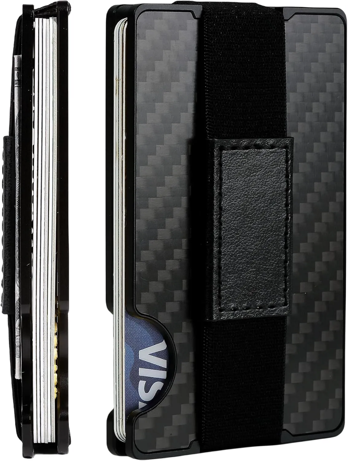 Minimalist Carbon Fiber Wallet for Men, Money Clip Cash Strap Wallet, RFID Blocking Metal Wallet Aluminum Card Holder,Front Pocket Wallet