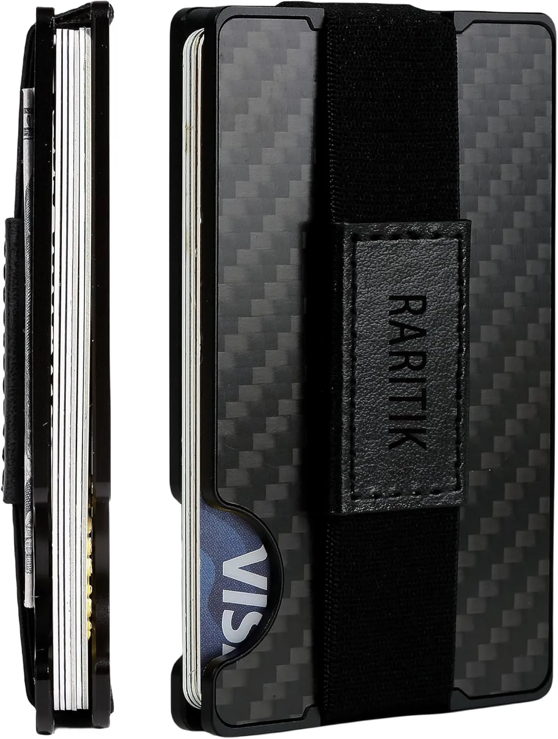 Minimalist Carbon Fiber Wallet for Men, Money Clip Cash Strap Wallet, RFID Blocking Metal Wallet Aluminum Card Holder,Front Pocket Wallet