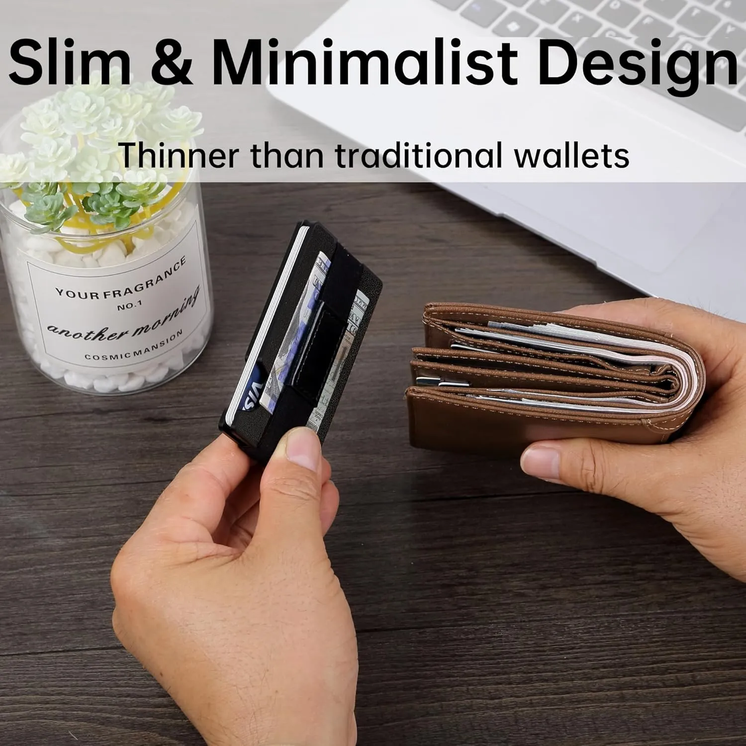 Minimalist Carbon Fiber Wallet for Men, Money Clip Cash Strap Wallet, RFID Blocking Metal Wallet Aluminum Card Holder,Front Pocket Wallet