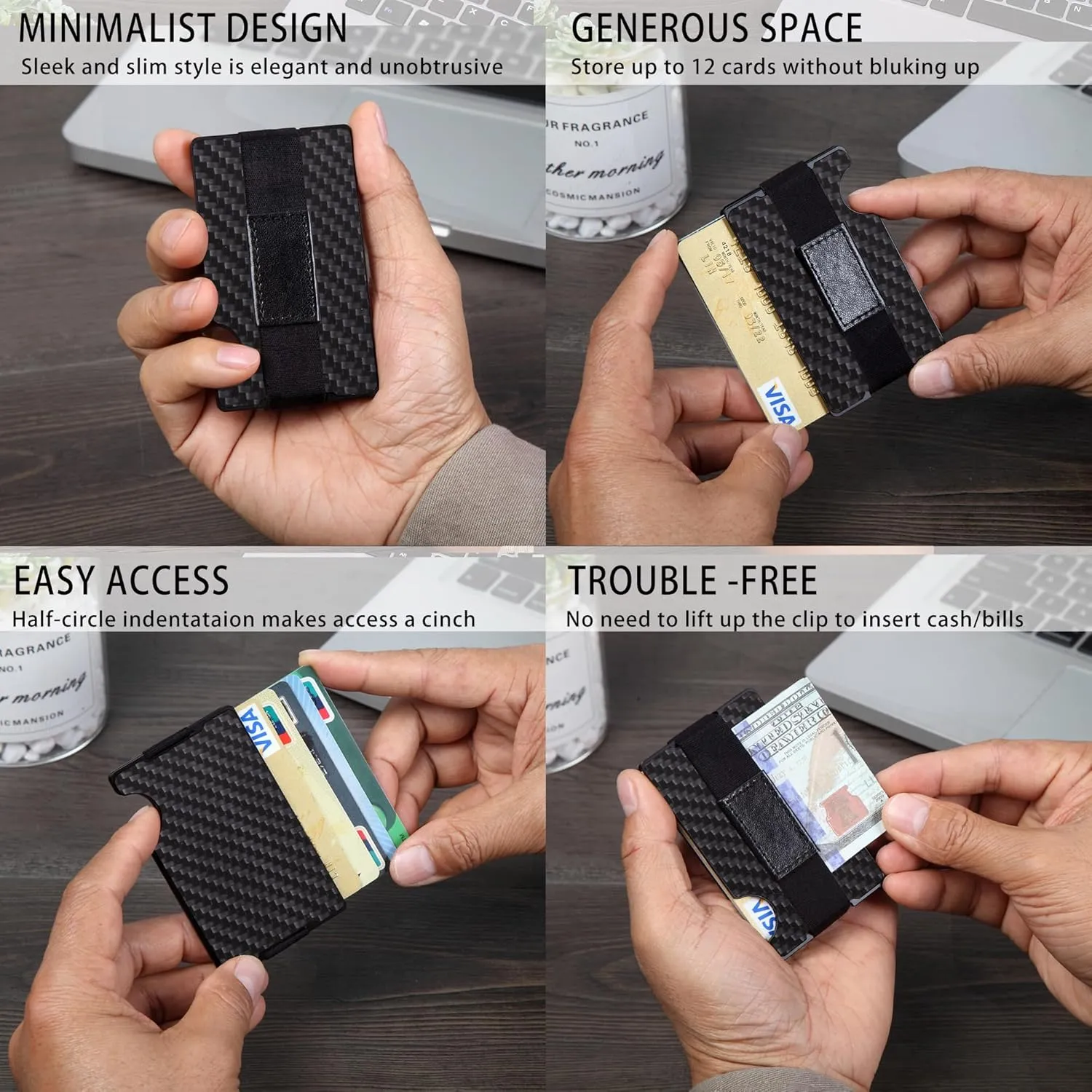 Minimalist Carbon Fiber Wallet for Men, Money Clip Cash Strap Wallet, RFID Blocking Metal Wallet Aluminum Card Holder,Front Pocket Wallet