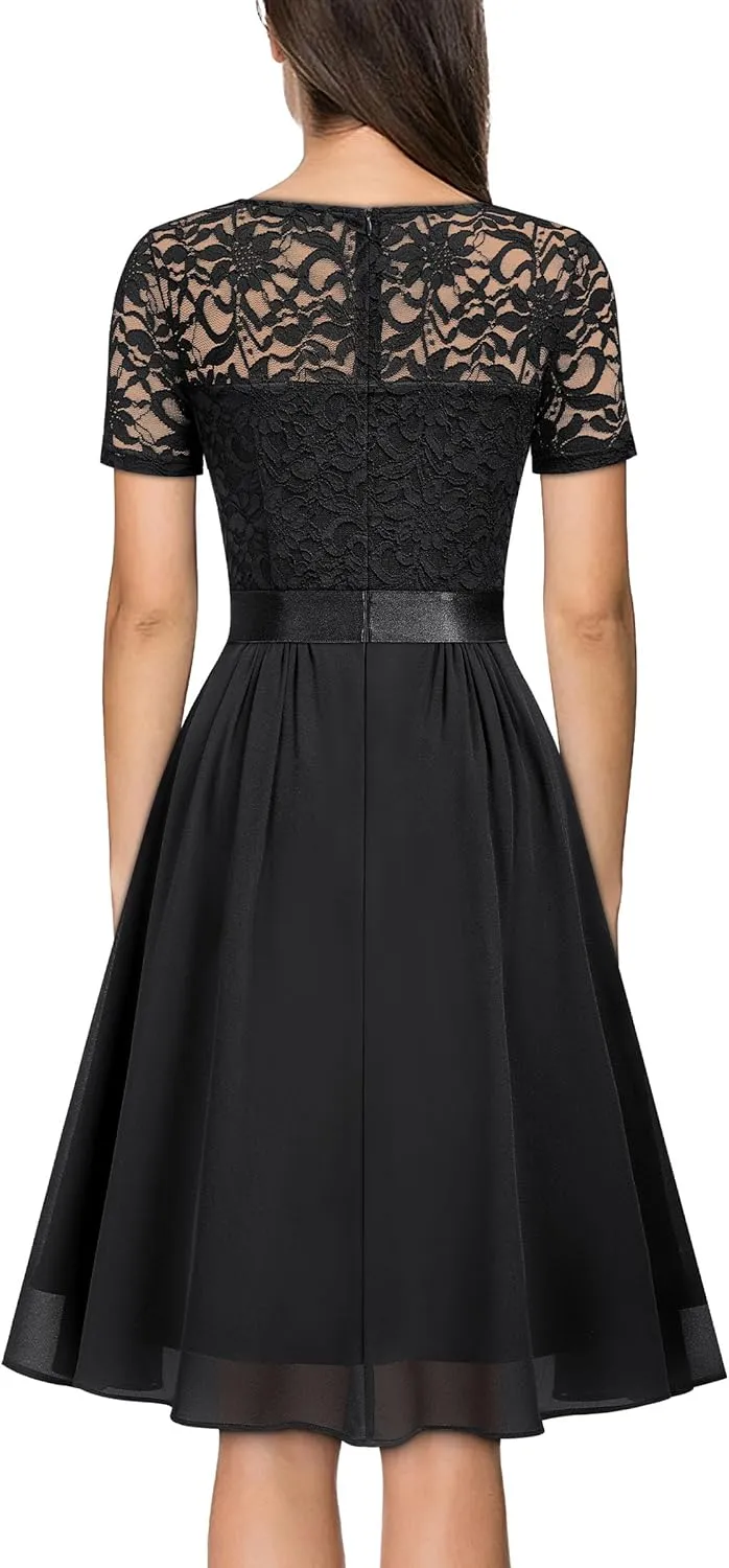 MISSMAY Women's Vintage V-Neck Floral Lace Contrast Chiffon Prom Party Dress