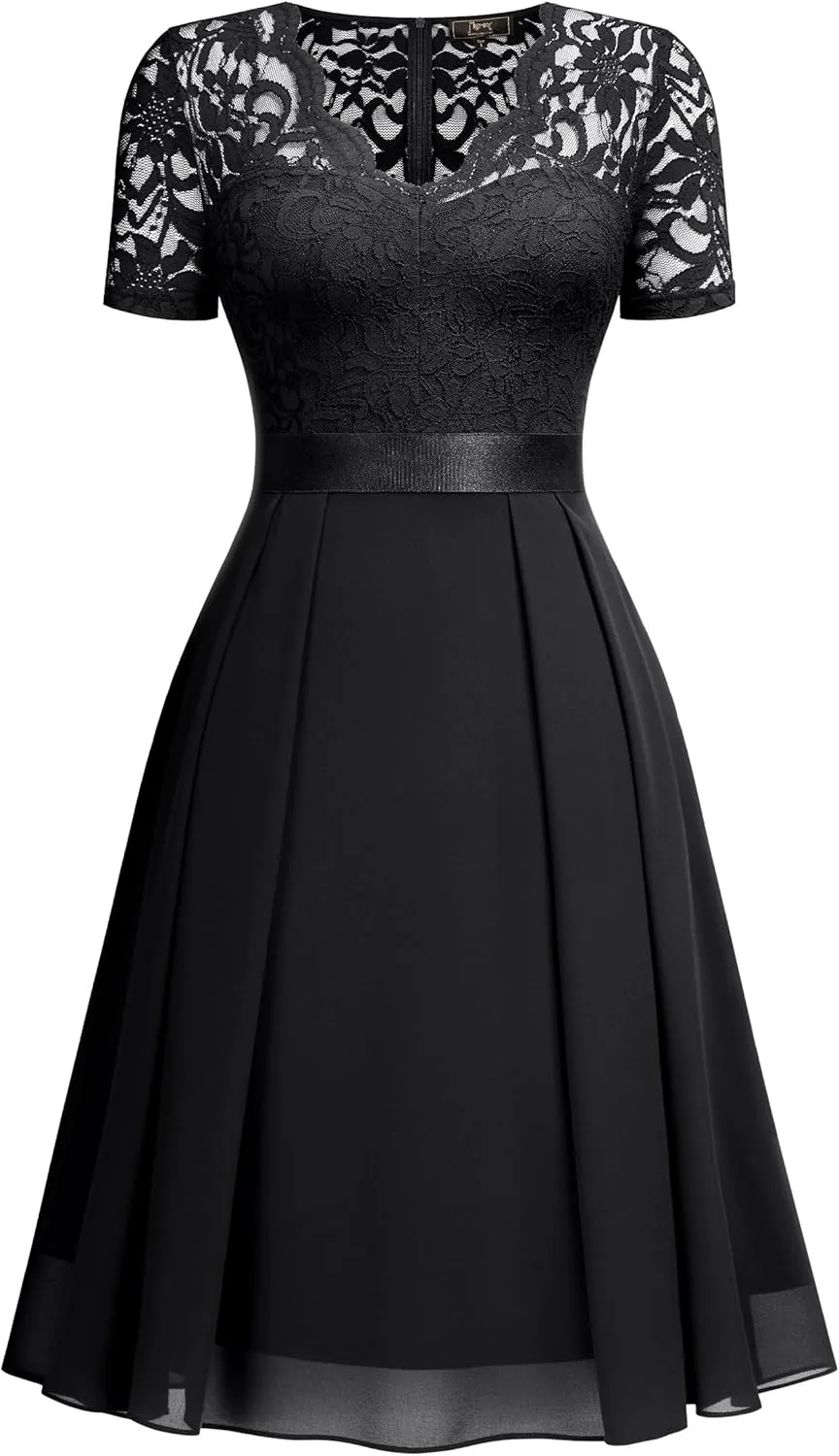 MISSMAY Women's Vintage V-Neck Floral Lace Contrast Chiffon Prom Party Dress