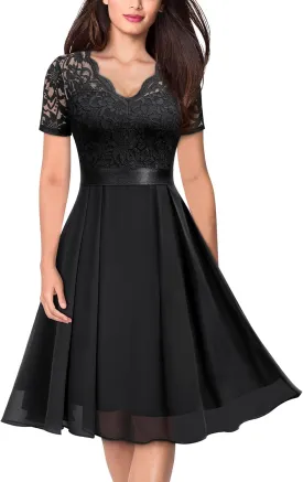 MISSMAY Women's Vintage V-Neck Floral Lace Contrast Chiffon Prom Party Dress