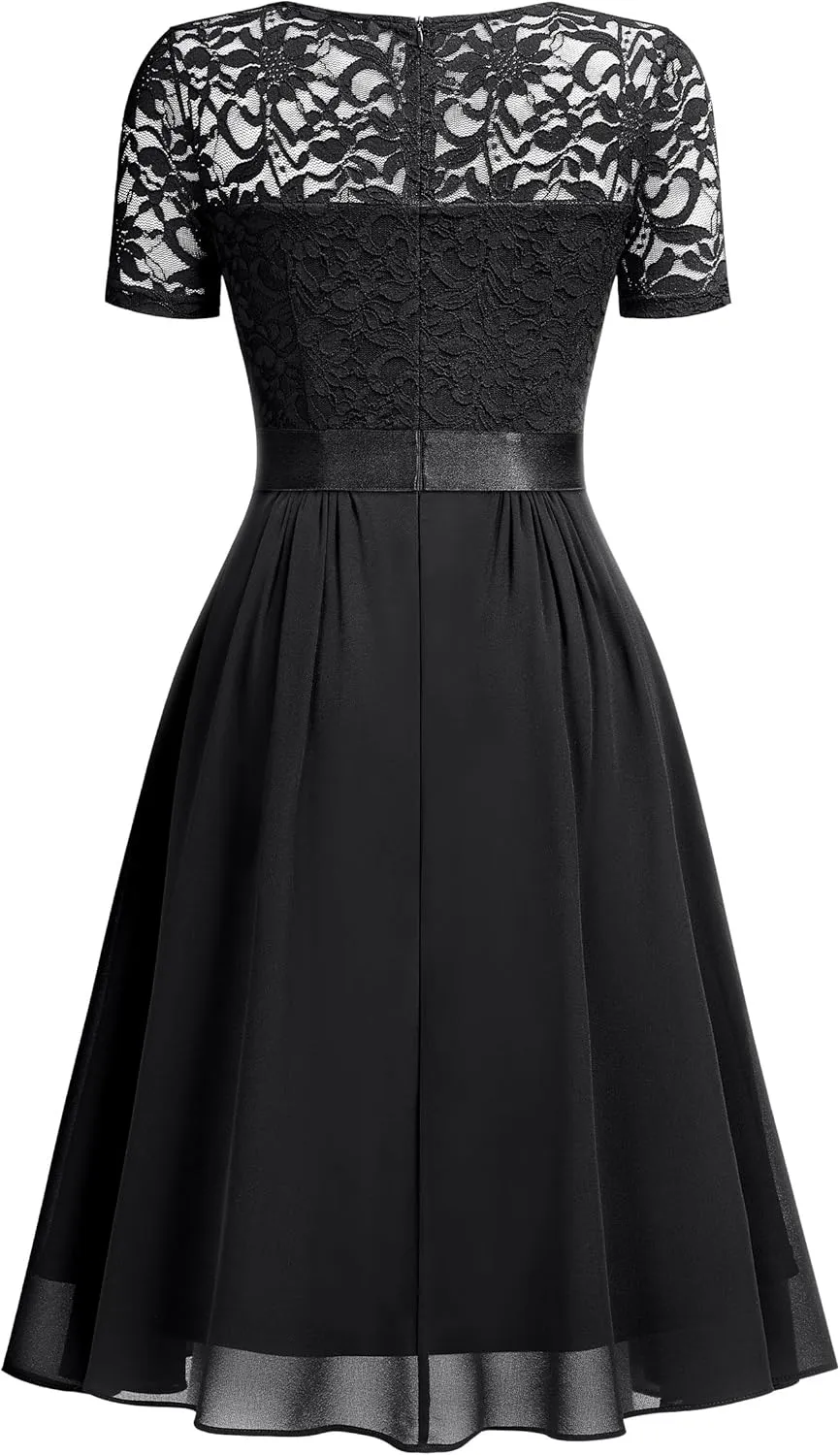 MISSMAY Women's Vintage V-Neck Floral Lace Contrast Chiffon Prom Party Dress