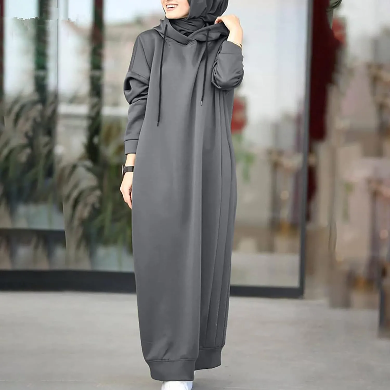Muslim Women Tracksuit Casual Abaya Hoodie Long Sleeve Dress Hooded Jumper Islamic Sports Wear