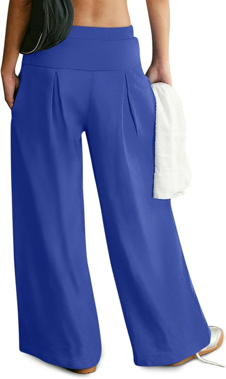 NIMIN Womens Wide Leg Sweatpants Pleated Drawstring High Waisted Baggy Palazzo Pull On Slouchy Pants with Pockets