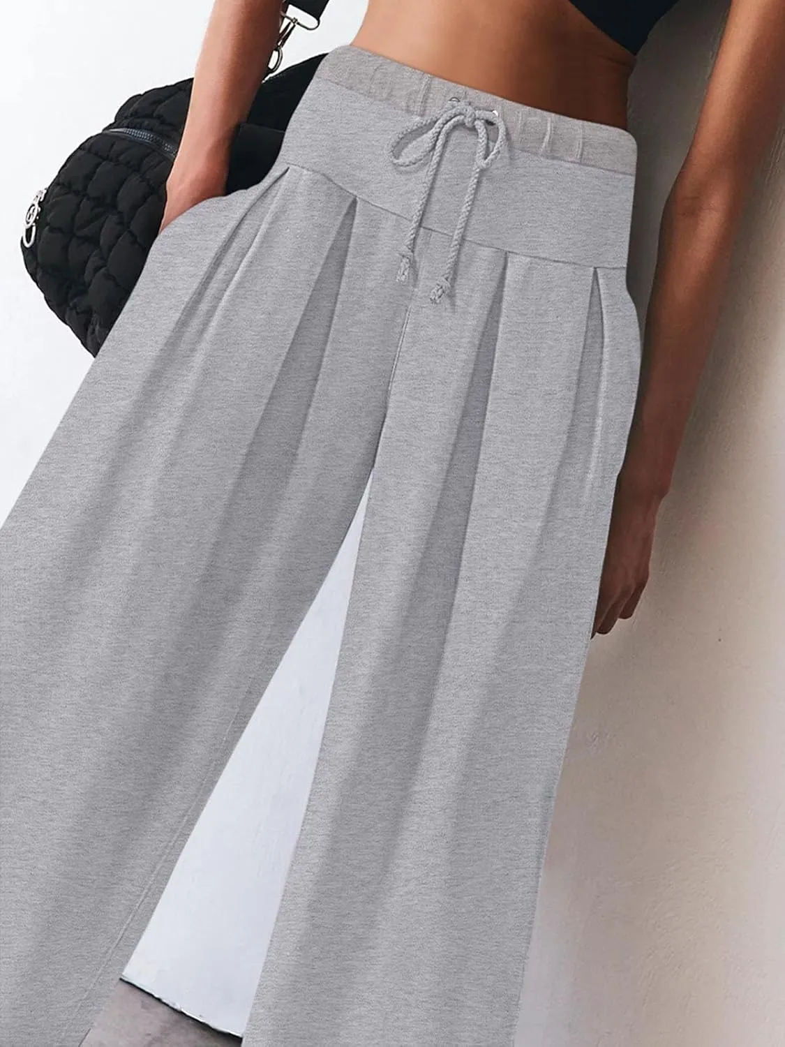 NIMIN Womens Wide Leg Sweatpants Pleated Drawstring High Waisted Baggy Palazzo Pull On Slouchy Pants with Pockets