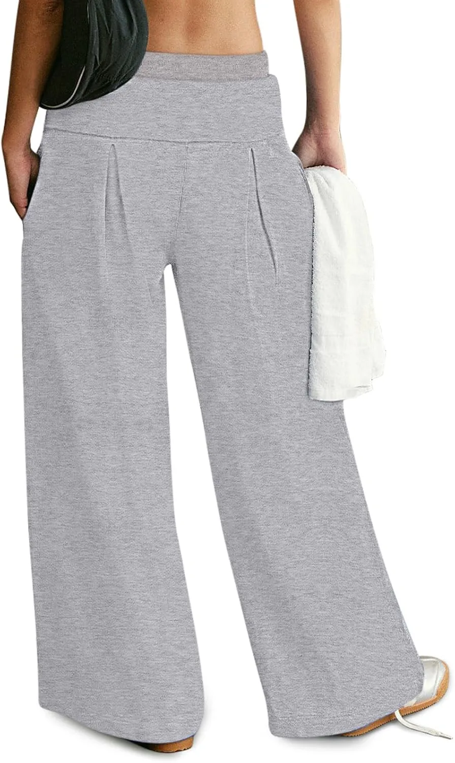 NIMIN Womens Wide Leg Sweatpants Pleated Drawstring High Waisted Baggy Palazzo Pull On Slouchy Pants with Pockets
