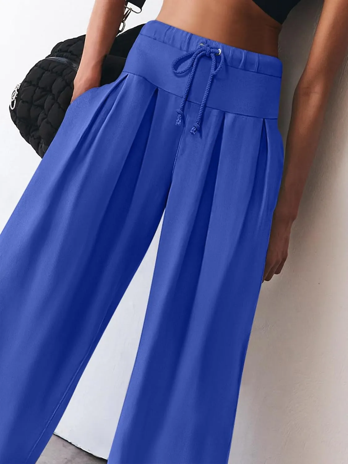 NIMIN Womens Wide Leg Sweatpants Pleated Drawstring High Waisted Baggy Palazzo Pull On Slouchy Pants with Pockets