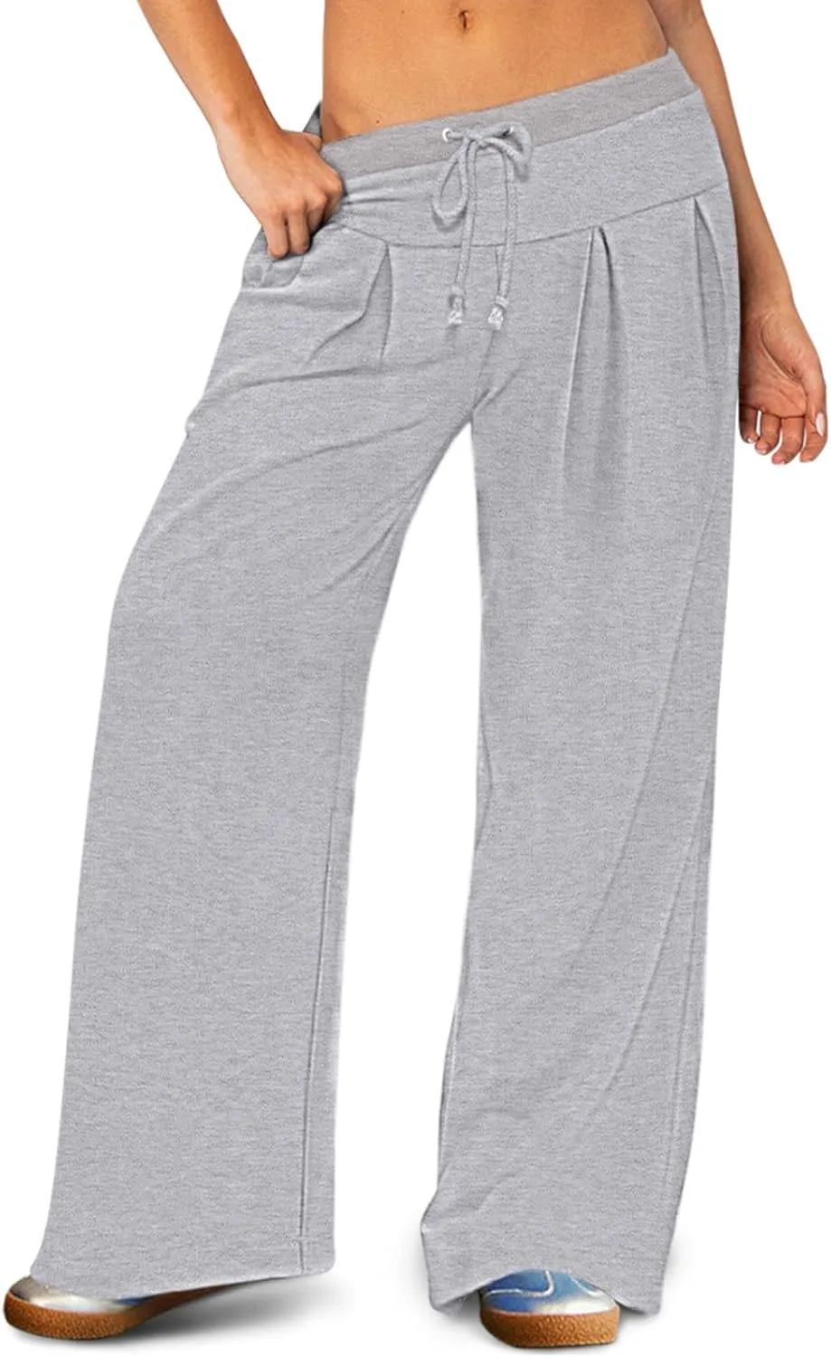 NIMIN Womens Wide Leg Sweatpants Pleated Drawstring High Waisted Baggy Palazzo Pull On Slouchy Pants with Pockets