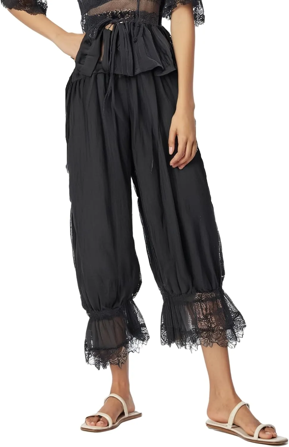 NUFIWI Women Ruffle Long Bloomer Y2k Lace Trim Pettipants Pantaloons Mid Rise Cropped Pajama Pants Under Dress Slips