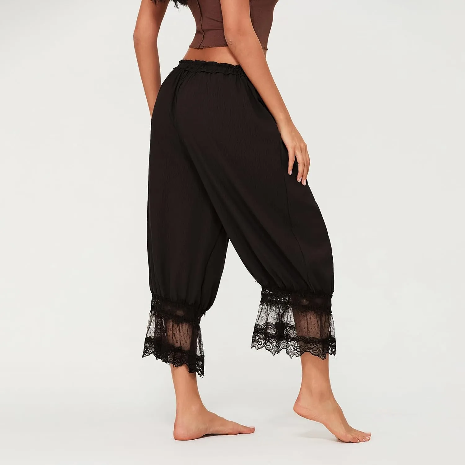NUFIWI Women Ruffle Long Bloomer Y2k Lace Trim Pettipants Pantaloons Mid Rise Cropped Pajama Pants Under Dress Slips
