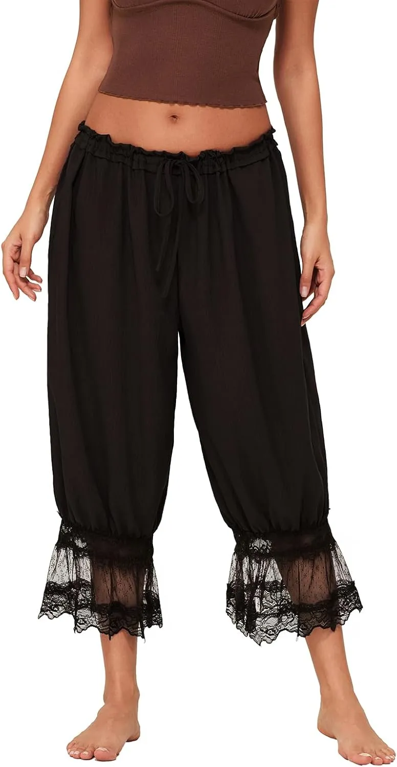 NUFIWI Women Ruffle Long Bloomer Y2k Lace Trim Pettipants Pantaloons Mid Rise Cropped Pajama Pants Under Dress Slips