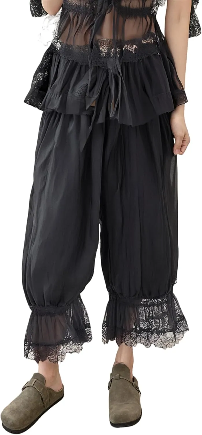 NUFIWI Women Ruffle Long Bloomer Y2k Lace Trim Pettipants Pantaloons Mid Rise Cropped Pajama Pants Under Dress Slips