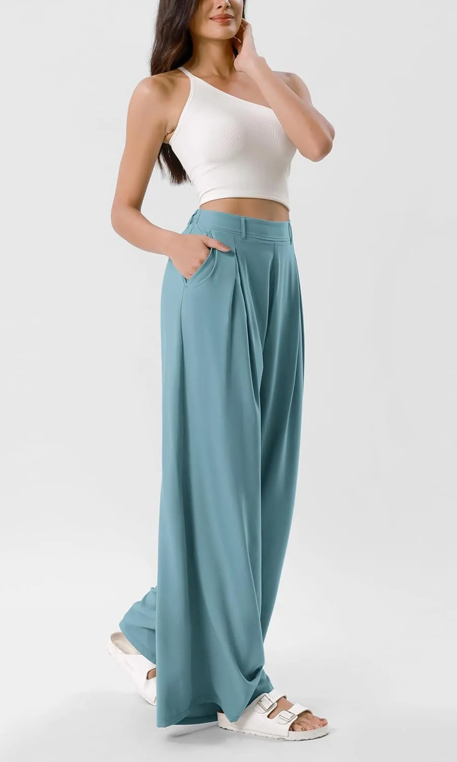 ODODOS Chiffon Flowy Pleated Wide Leg Pants for Women Lightweight High Waist Trouser with Pockets-27/29" /31" Inseam