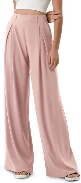 ODODOS Chiffon Flowy Pleated Wide Leg Pants for Women Lightweight High Waist Trouser with Pockets-27/29" /31" Inseam