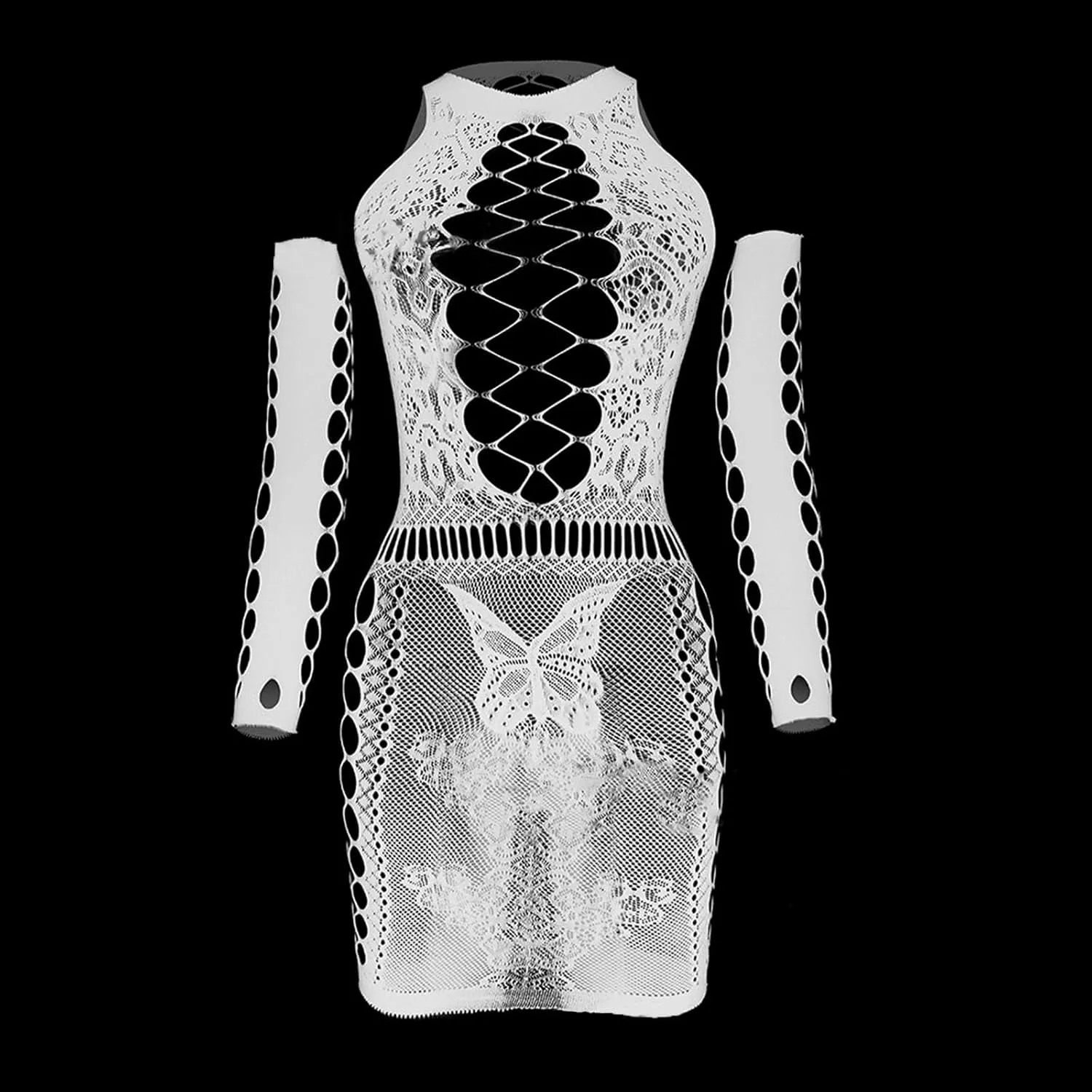 Oplxuo Women Fishnet Lingerie Hollow Out Mesh Babydoll Chemise Bodycon Mini Dress Cutout Lace Bodystockings Bodysuit