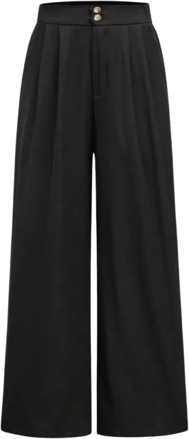 OYOANGLE Girl's Pleated Wide Leg Pants Button Zipper Fly High Waisted Long Trousers with Pocket