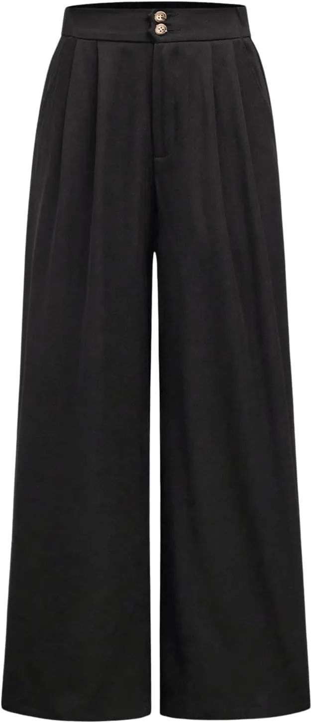 OYOANGLE Girl's Pleated Wide Leg Pants Button Zipper Fly High Waisted Long Trousers with Pocket