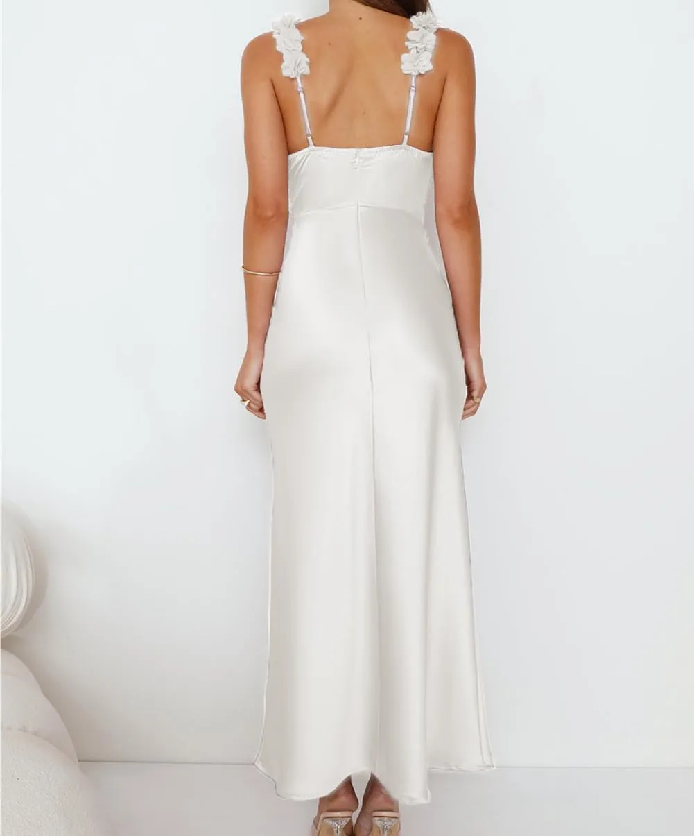 Phicia Summer Satin Spaghetti Strap V Neck Midi Dresses for Women Wedding Guest Elegant Flower Backless Cocktail Formal Dress