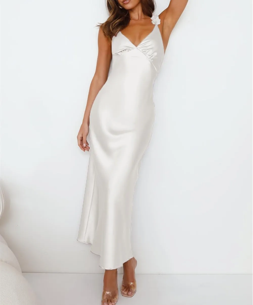 Phicia Summer Satin Spaghetti Strap V Neck Midi Dresses for Women Wedding Guest Elegant Flower Backless Cocktail Formal Dress