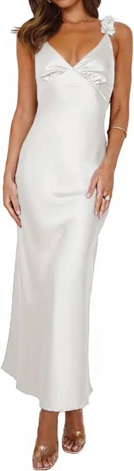 Phicia Summer Satin Spaghetti Strap V Neck Midi Dresses for Women Wedding Guest Elegant Flower Backless Cocktail Formal Dress
