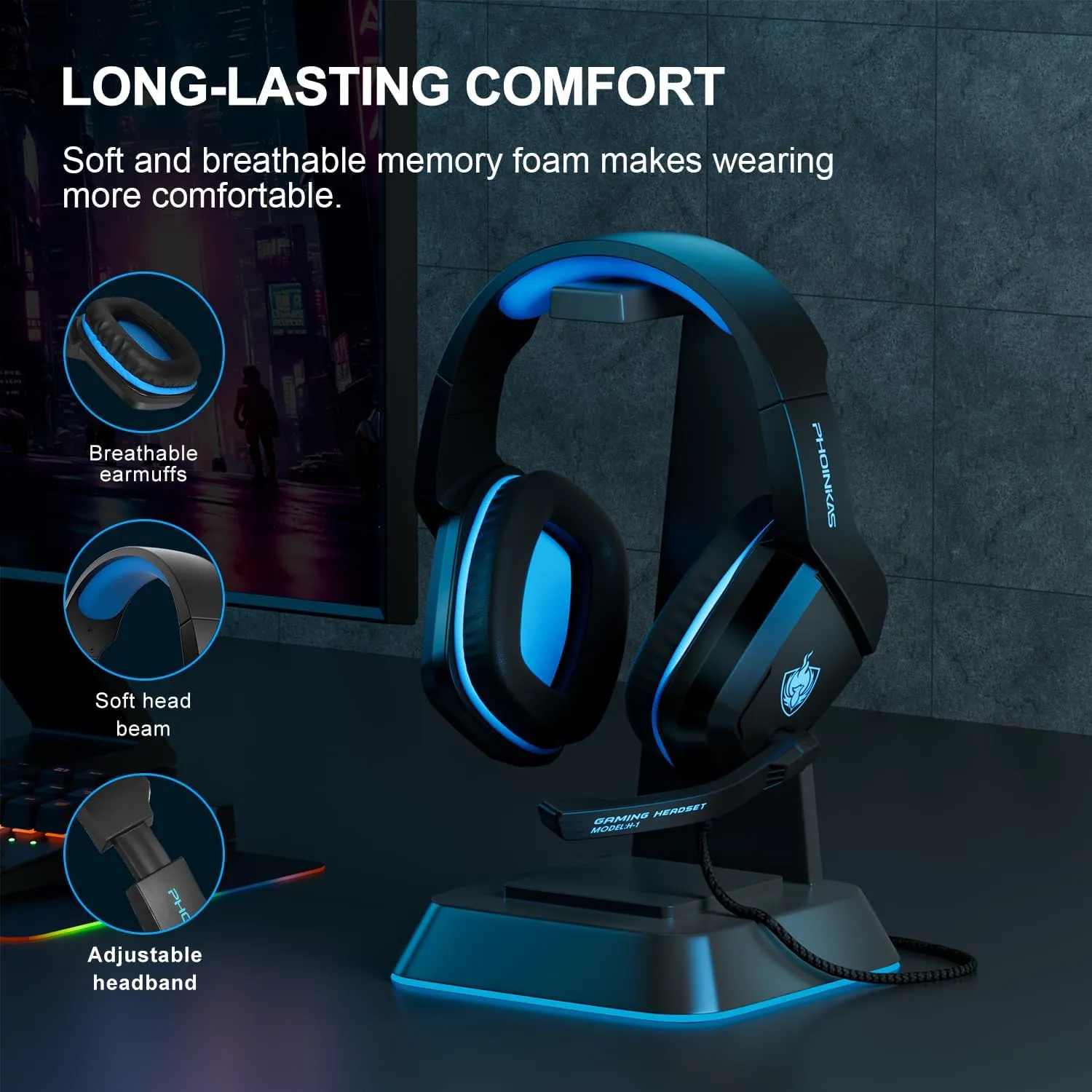 PHOINIKAS Gaming Headset, PS5 Headset for PS4, Xbox One, PC, Laptop, Switch, Over Ear Gaming Headphones Noise-Cancelling Mic, Bass Surround - Blue