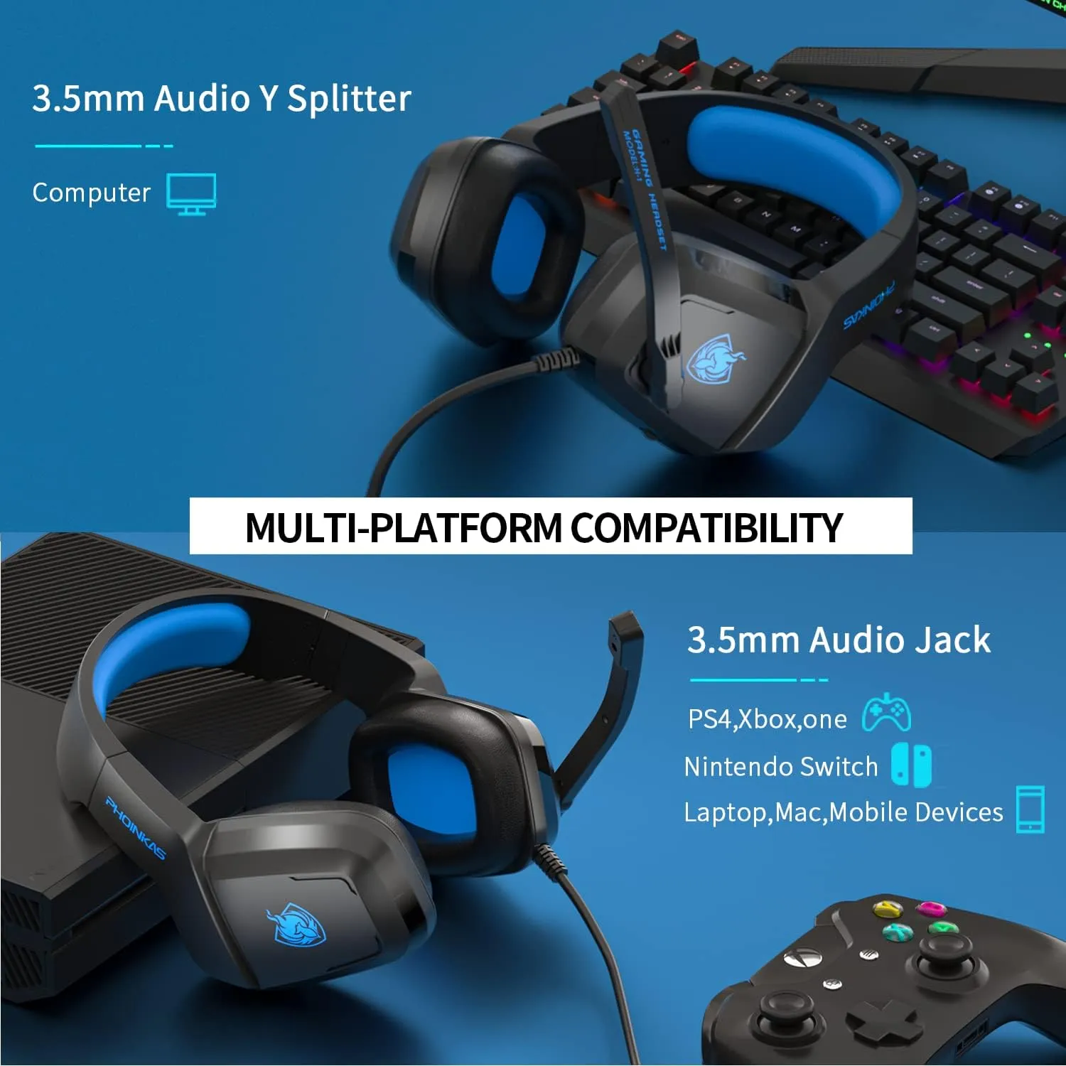 PHOINIKAS Gaming Headset, PS5 Headset for PS4, Xbox One, PC, Laptop, Switch, Over Ear Gaming Headphones Noise-Cancelling Mic, Bass Surround - Blue