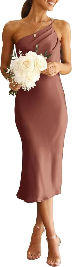 PRETTYGARDEN Women's 2025 Summer Midi Satin Dress One Shoulder Spaghetti Strap Backless Ruched Bodycon Dresses
