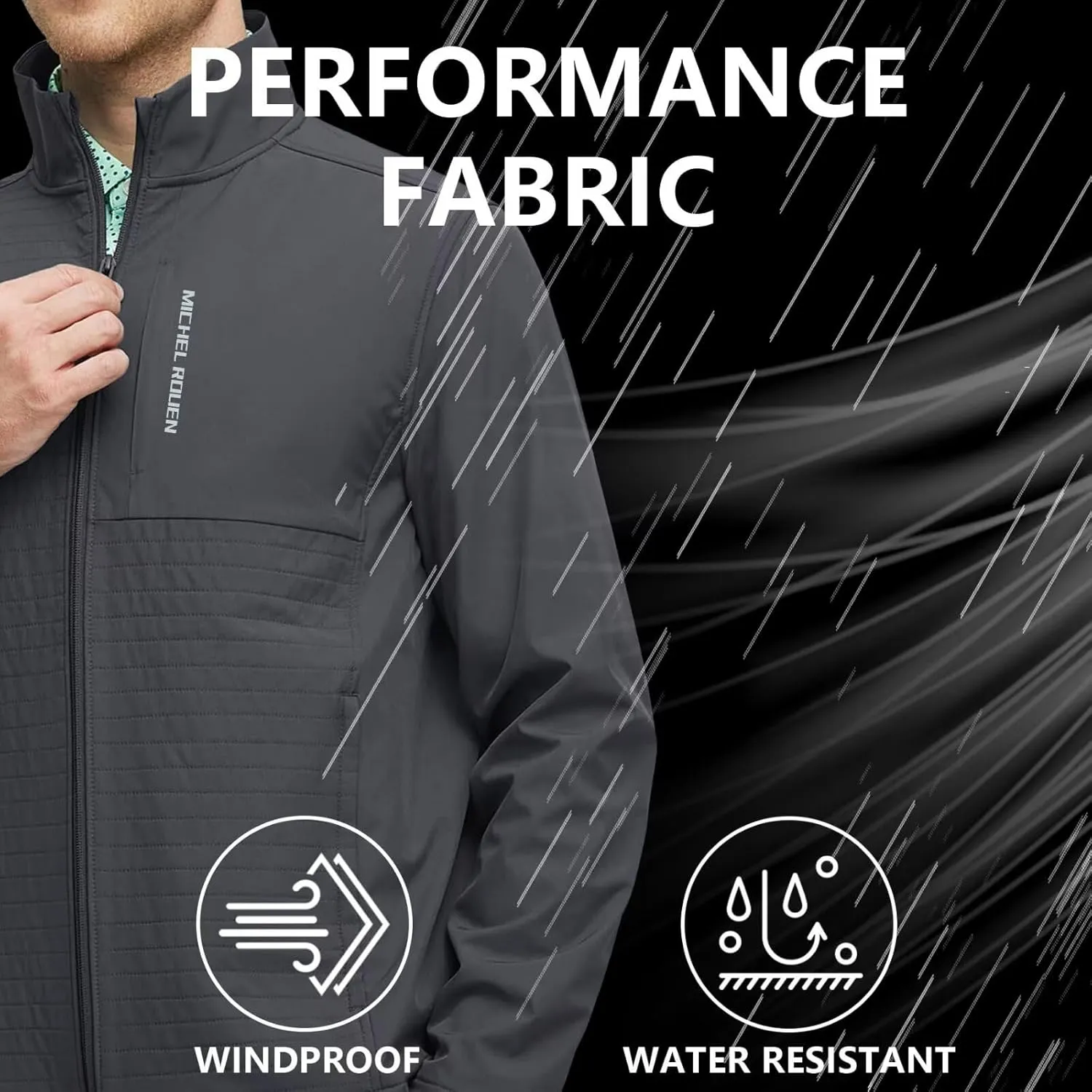 Rouen Mens Golf Raincoat Jacket Zipper Pockets Lightweight Softshell Hooded Water-resistant Spring Fall Outdoor Windbreaker