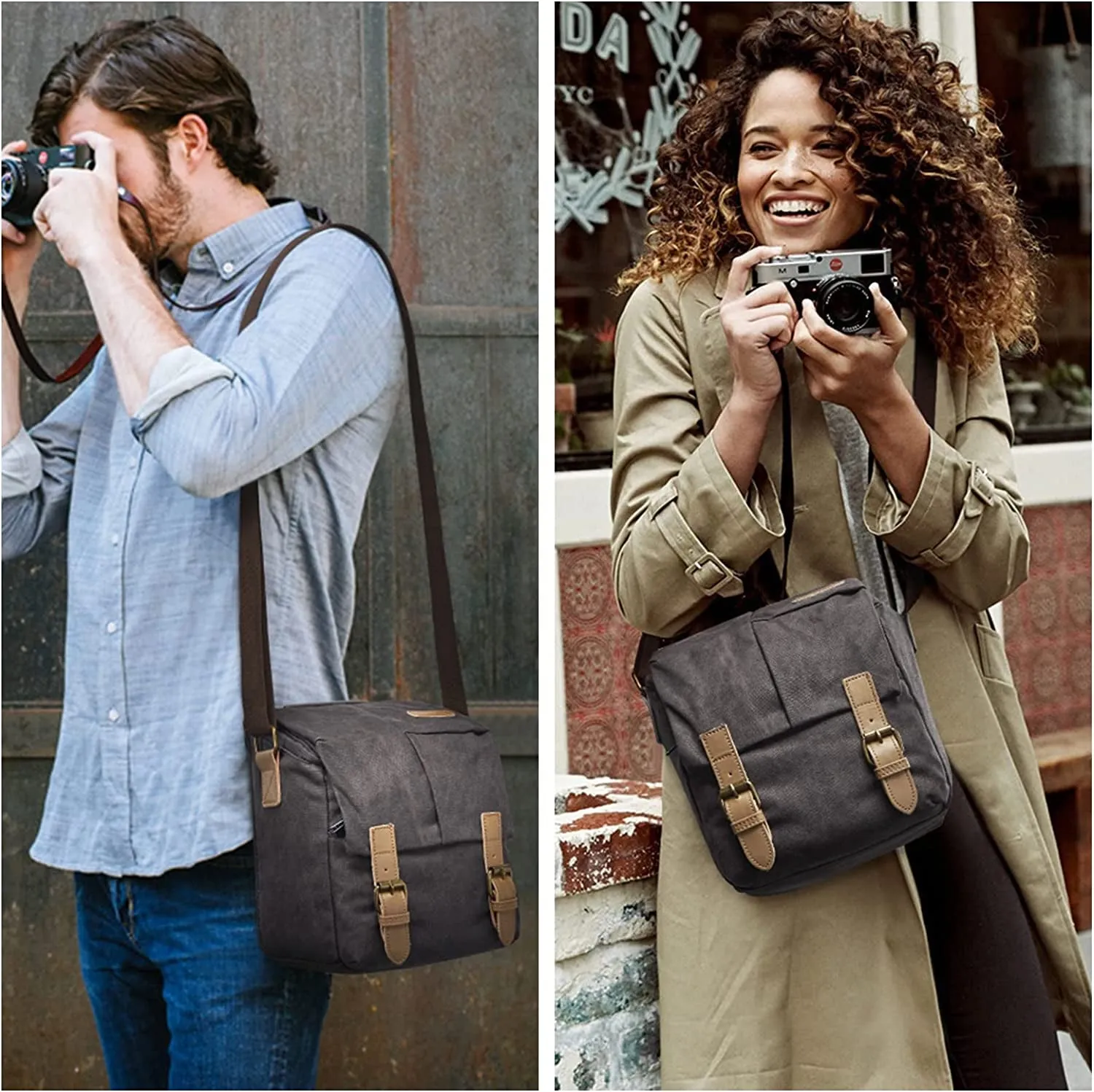 S-ZONE Waterproof Camera Bags for DSLR Canon Canvas Vintage Shoulder Women Men Camera Messenger Bag Leather Trim(Grey)