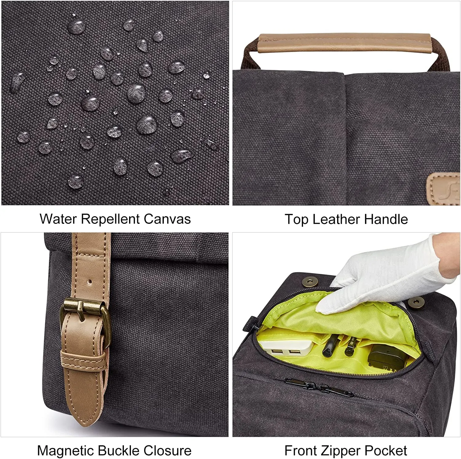 S-ZONE Waterproof Camera Bags for DSLR Canon Canvas Vintage Shoulder Women Men Camera Messenger Bag Leather Trim(Grey)