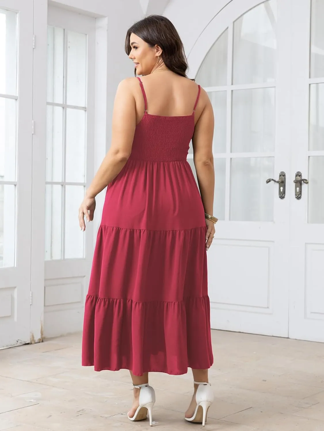 SCOMCHIC Women's Plus Size Summer Maxi Dress Sleeveless Spaghetti Strap Smocked Casual Boho Tiered Long Beach Sun Dresses