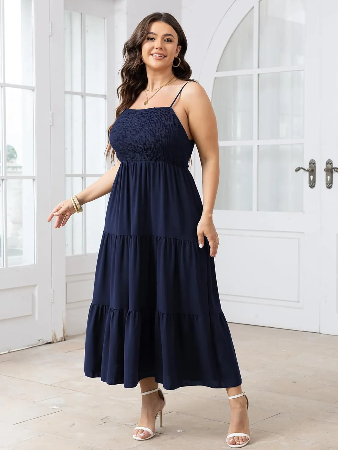 SCOMCHIC Women's Plus Size Summer Maxi Dress Sleeveless Spaghetti Strap Smocked Casual Boho Tiered Long Beach Sun Dresses