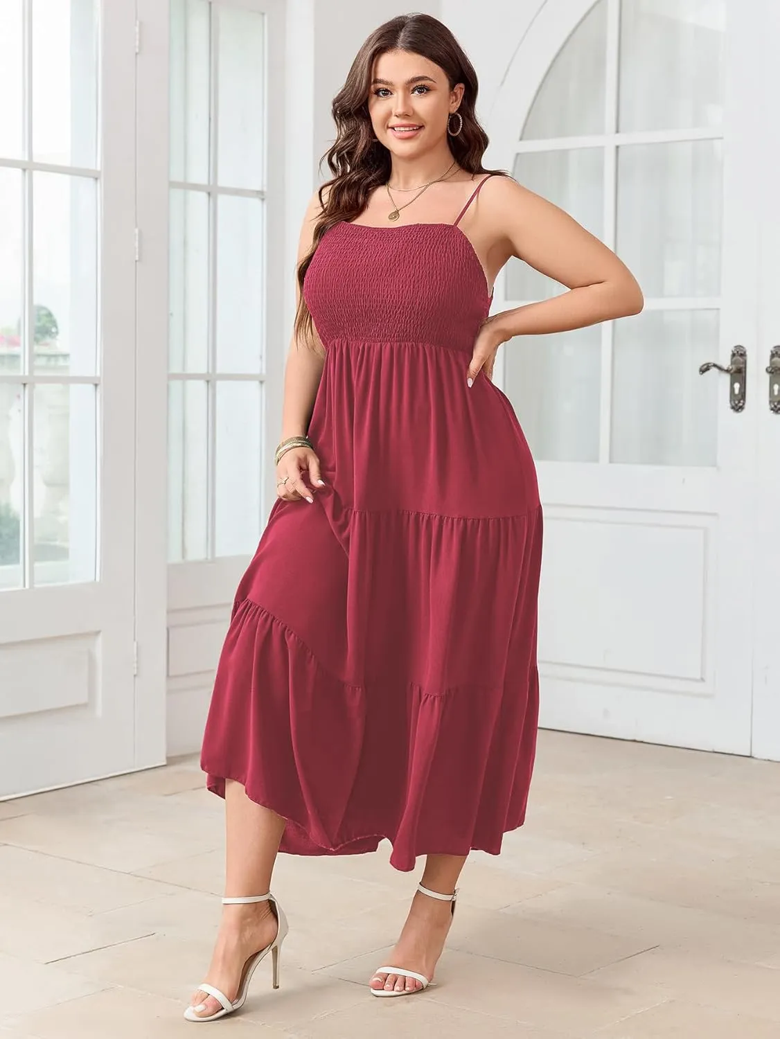 SCOMCHIC Women's Plus Size Summer Maxi Dress Sleeveless Spaghetti Strap Smocked Casual Boho Tiered Long Beach Sun Dresses