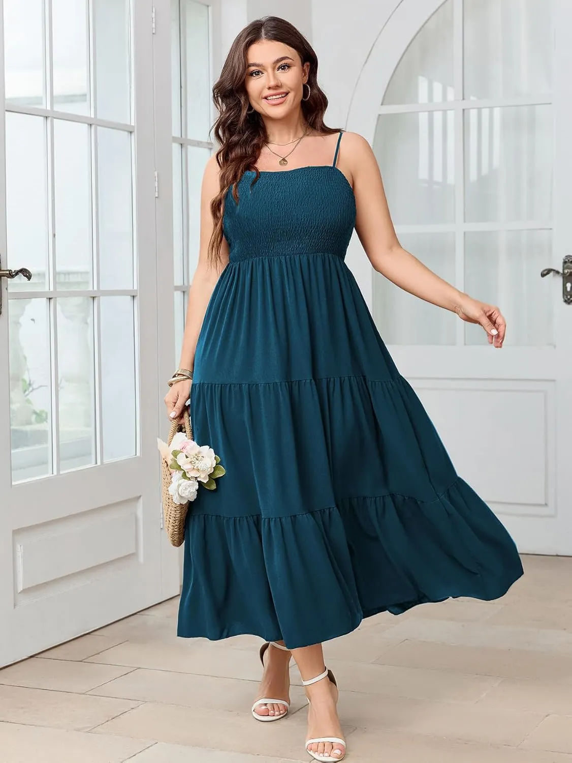 SCOMCHIC Women's Plus Size Summer Maxi Dress Sleeveless Spaghetti Strap Smocked Casual Boho Tiered Long Beach Sun Dresses