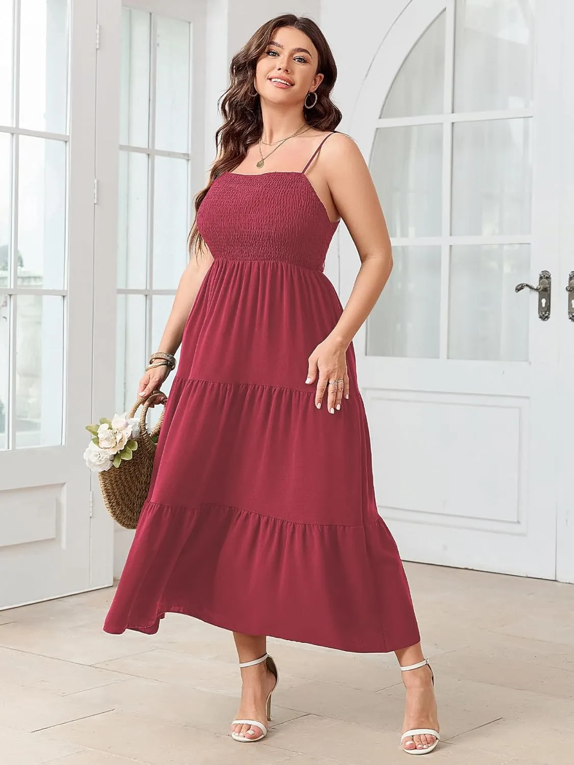 SCOMCHIC Women's Plus Size Summer Maxi Dress Sleeveless Spaghetti Strap Smocked Casual Boho Tiered Long Beach Sun Dresses