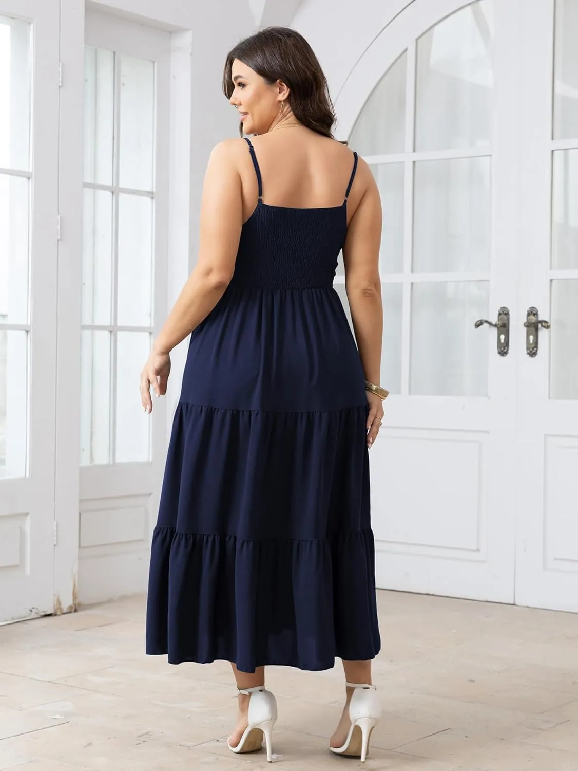 SCOMCHIC Women's Plus Size Summer Maxi Dress Sleeveless Spaghetti Strap Smocked Casual Boho Tiered Long Beach Sun Dresses