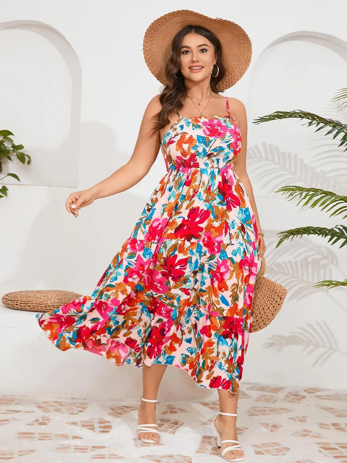 SCOMCHIC Women's Plus Size Summer Maxi Dress Sleeveless Spaghetti Strap Smocked Casual Boho Tiered Long Beach Sun Dresses