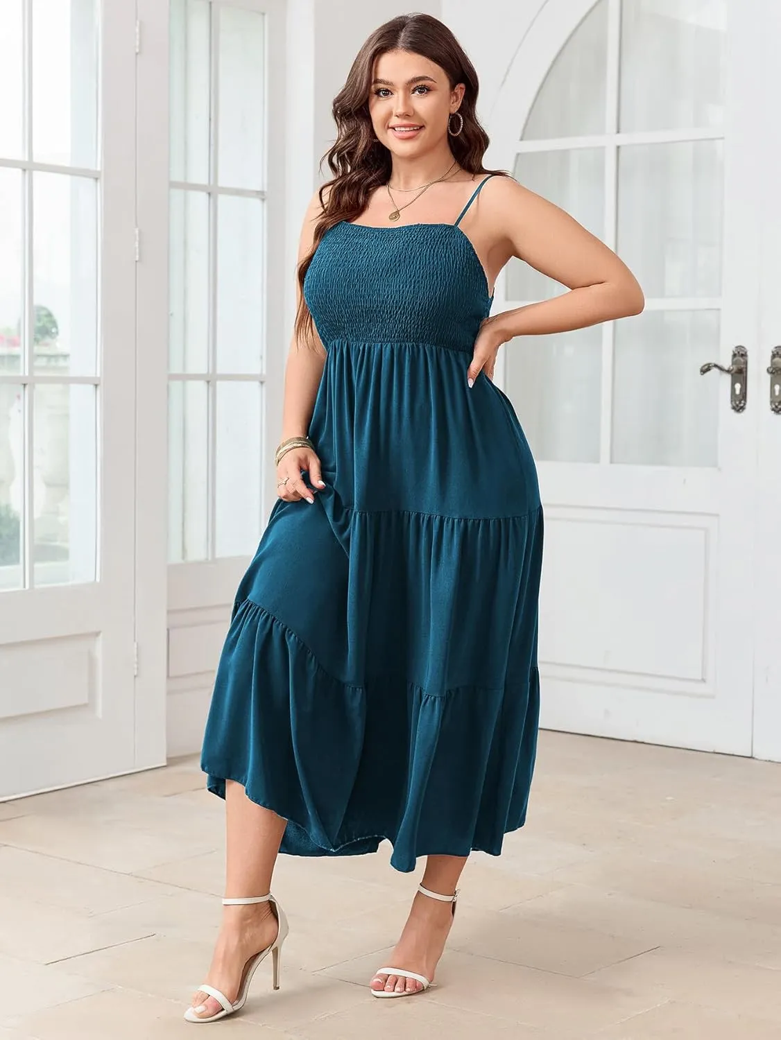 SCOMCHIC Women's Plus Size Summer Maxi Dress Sleeveless Spaghetti Strap Smocked Casual Boho Tiered Long Beach Sun Dresses