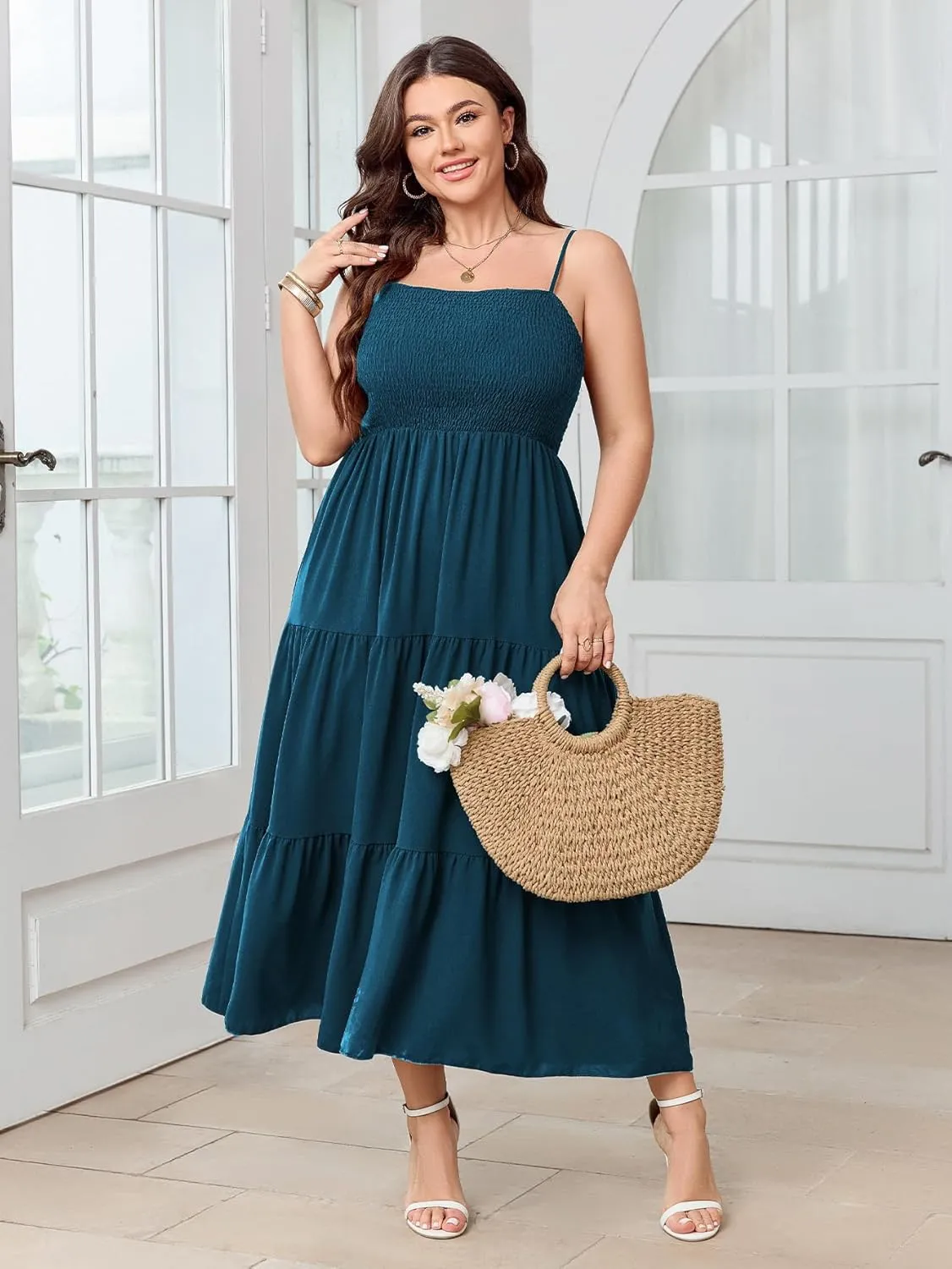 SCOMCHIC Women's Plus Size Summer Maxi Dress Sleeveless Spaghetti Strap Smocked Casual Boho Tiered Long Beach Sun Dresses