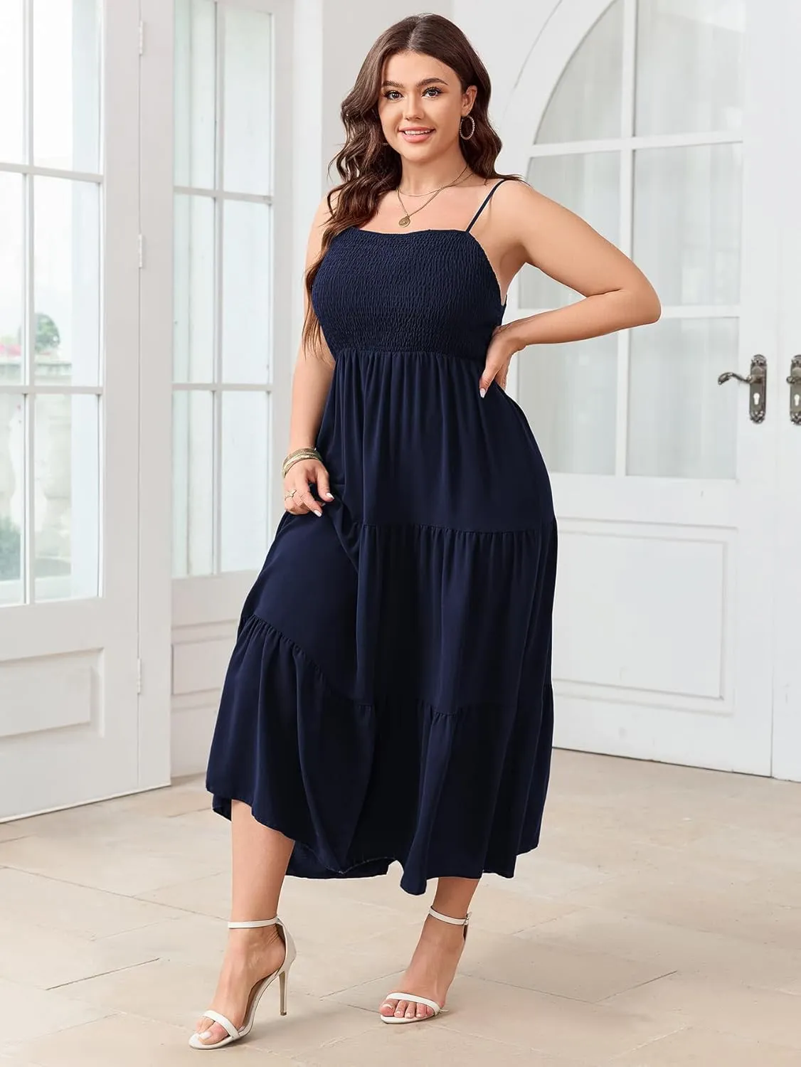 SCOMCHIC Women's Plus Size Summer Maxi Dress Sleeveless Spaghetti Strap Smocked Casual Boho Tiered Long Beach Sun Dresses