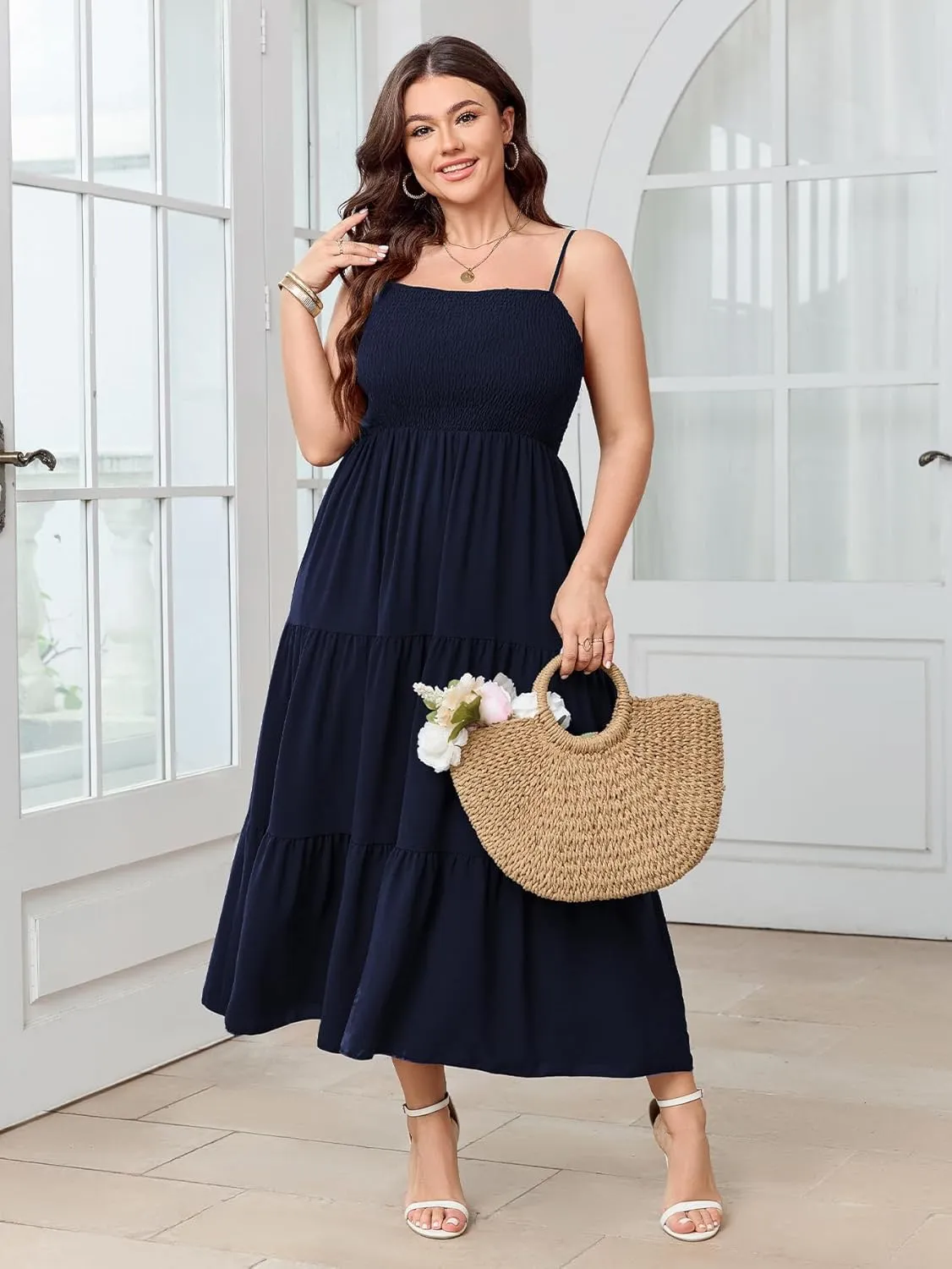 SCOMCHIC Women's Plus Size Summer Maxi Dress Sleeveless Spaghetti Strap Smocked Casual Boho Tiered Long Beach Sun Dresses