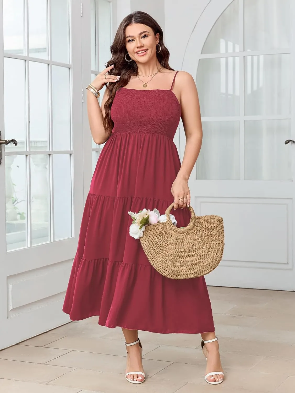 SCOMCHIC Women's Plus Size Summer Maxi Dress Sleeveless Spaghetti Strap Smocked Casual Boho Tiered Long Beach Sun Dresses