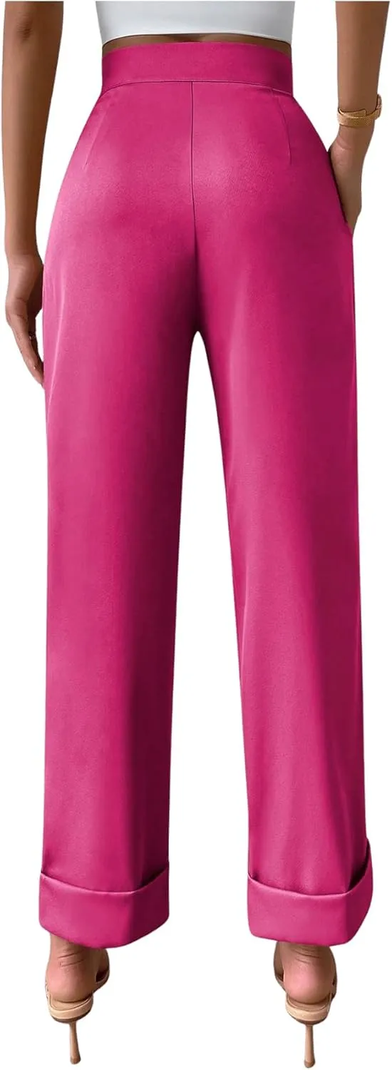 SweatyRocks Women's Elegant High Waist Roll Up Hem Pleated Wide Leg Pants with Pocket